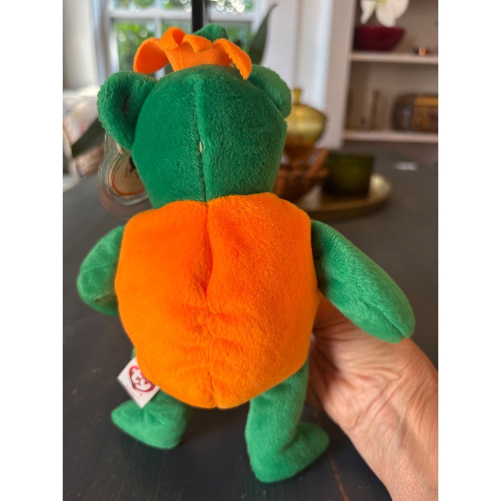 Ty Beanie Babies Tricky the Bear Halloween Pumpkin 10th Anniversary Plush Green - Picture 7 of 11